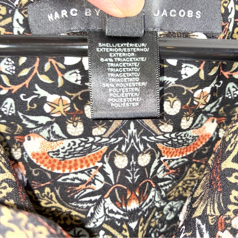 Marc Jacobs Strawberry Thief Bird Black Olive Print Sleeveless Tie Front Size Sm - Picture 6 of 7